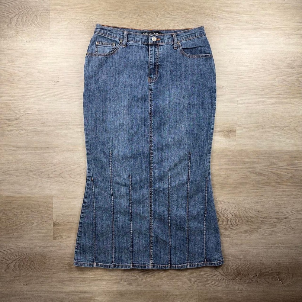 Vintage 00s Street Code New York Panel Flaired Denim Maxi Skirt 14
